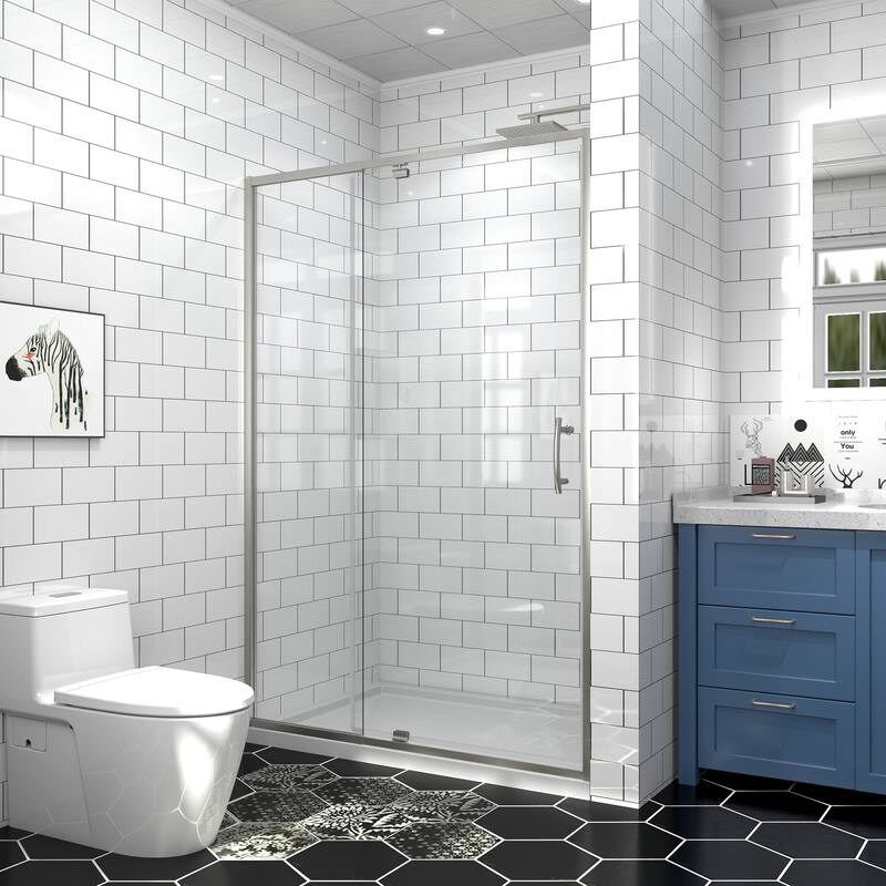 Modland 44-48''W x 71''H Pivot Frame Sliding Shower Door with 1/4"(6mm) Clear SGCC Tempered Glass in Black/Chrome/Nickel - 48x71 - Brushed Nickel