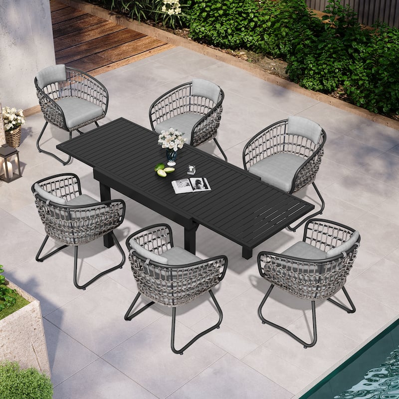 7PC Outdoor Set Aluminum Expandable Patio Dining Table with Rattan Chair - Table-Black&Chair-Grey