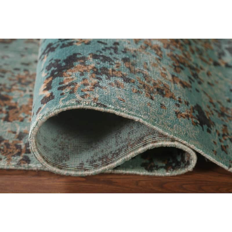 Green Abstract Area Rug Handmade Oriental Wool Carpet - 6'7" x 9'10"