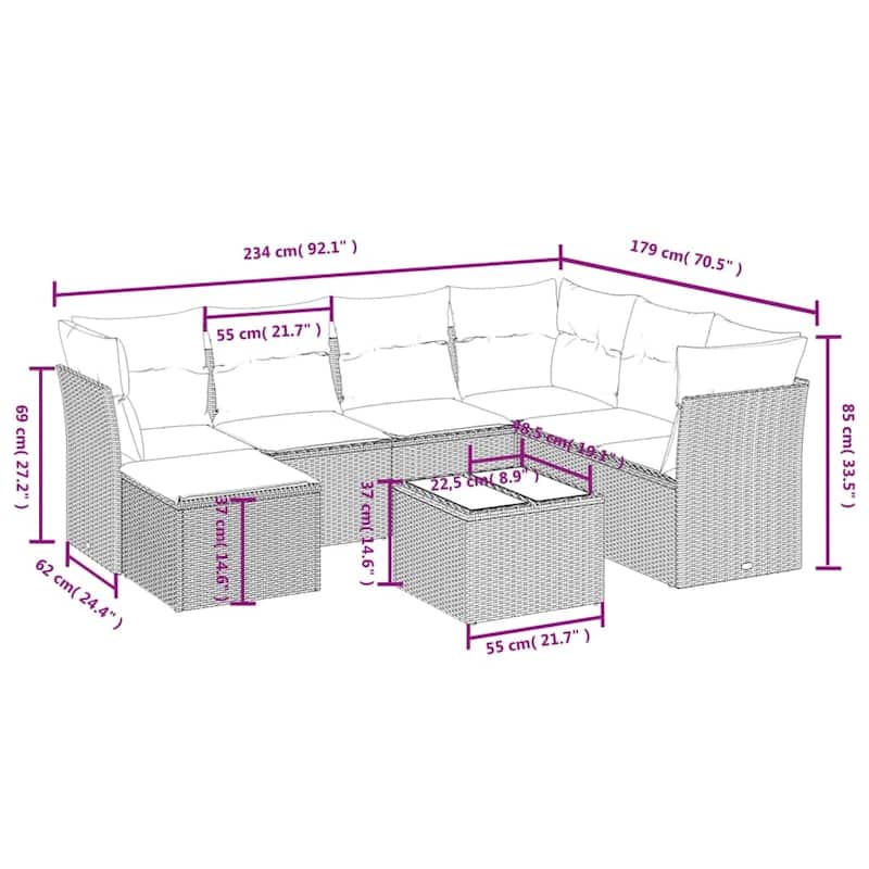vidaXL Patio Sofa Set with Cushions Outdoor Conversation Furniture Poly Rattan - 24.4" x 24.4" x 27.2"