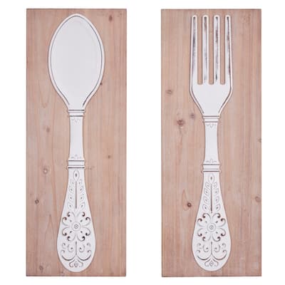 Brown Wooden Carved Utensils Wall Decor (Set of 2)