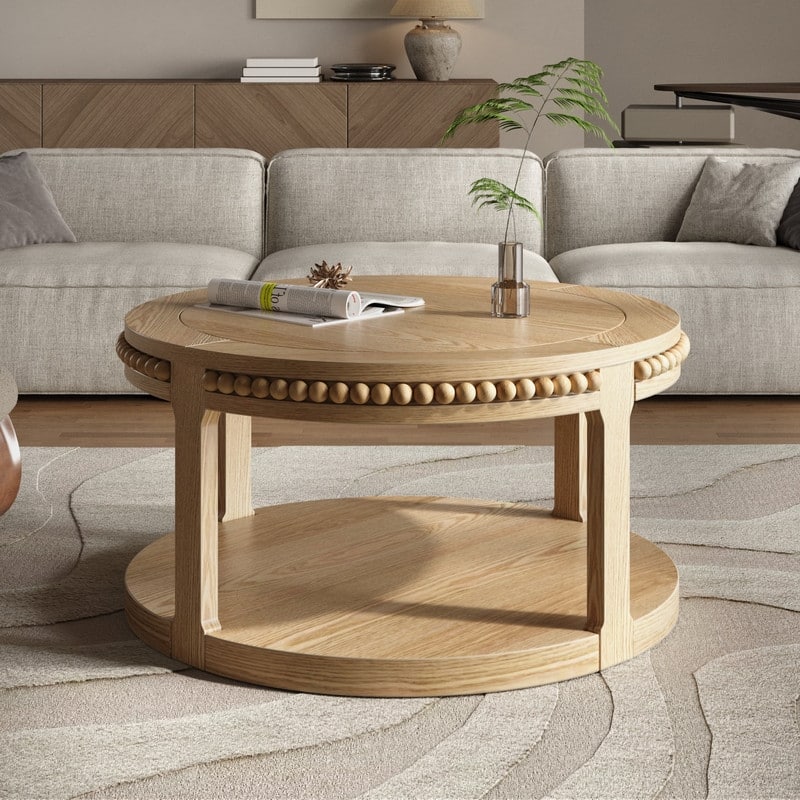 Round Solid Wood Coffee Table, Two-Tier Design with Sturdy Construction for Living Room Elegance