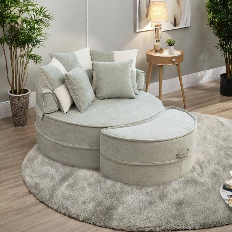 Chenille Oversized Round Barrel Chair with Ottoman, 5 Pillows, and No-Sag Rebound Sponge