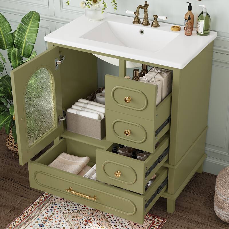 30" Bathroom Vanity with Sink, Free Standing Single Vanity Set with 3 Storage Drawers - Green