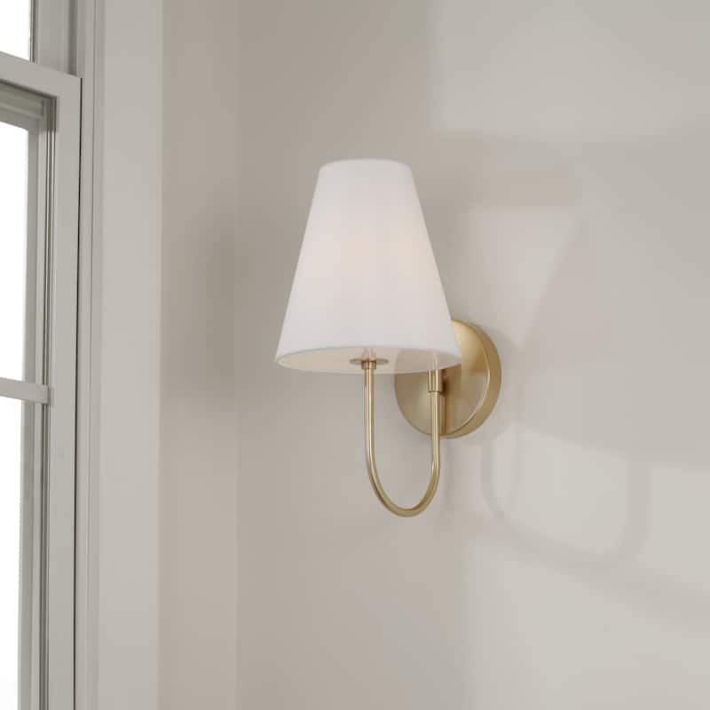 7.50"W x 14"H 1-Light Sconce in Matte Brass with Tapered White Fabric Shade and Glass Diffuser - 7.5"W x 14"H x 9.75"E