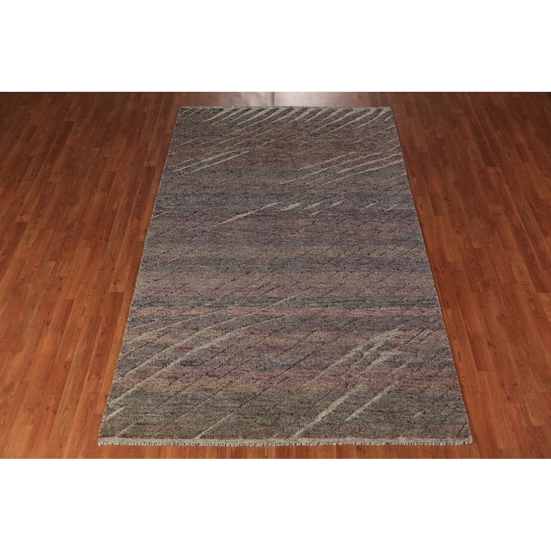 Striped Moroccan Indian Area Rug Hand-Knotted Wool Carpet - 5'1" x 8'1"
