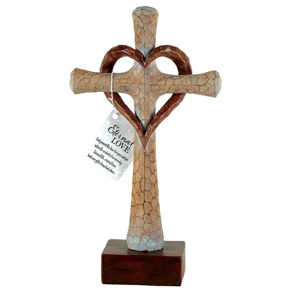 11.75" Brown and Beige Bronze Finished Cross Tabletop with Heart - N/A