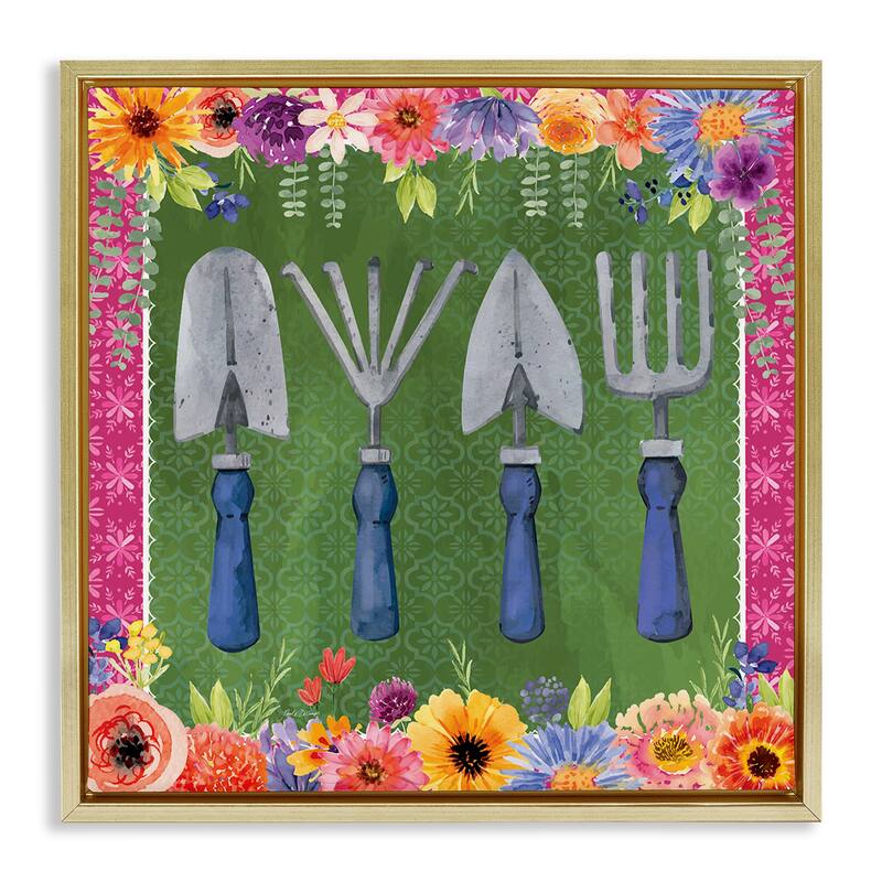 Stupell Gardening Tools & Floral Border Framed Floater Canvas Wall Art Design By Nicole DeCamp - 25 x 25 - Gold