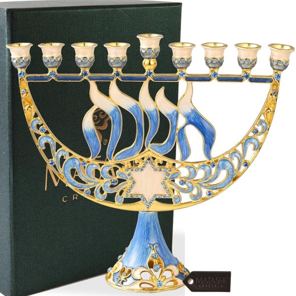 slide 2 of 7, Matashi Hand Painted Enamel Menorah Candelabra with Hanukkah Design, Embellished with Gold Accents and High Quality Crystals