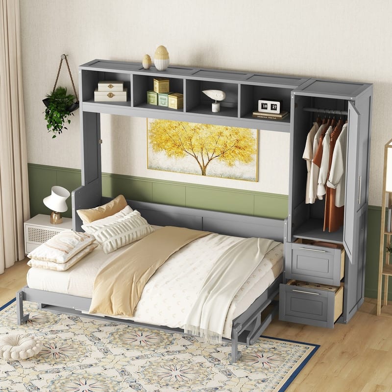 Queen Size Murphy Bed Wall Bed with Closet and Drawers