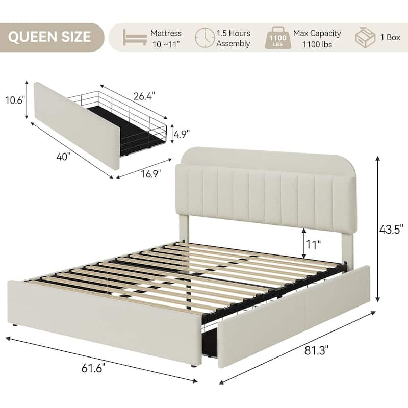 Bed Frame with 2 Drawers, Boucle Upholstered