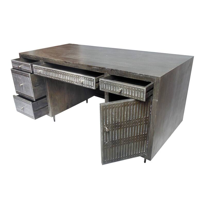 HomeRoots 64" Brown and Silver Solid Wood Executive Desk With Five Drawers