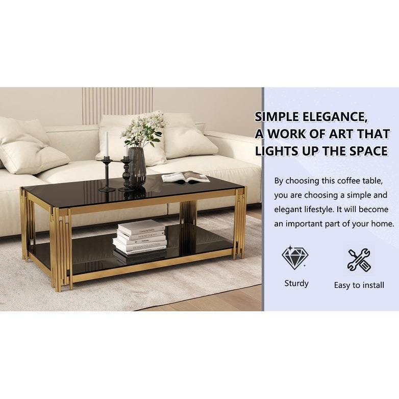 47 '' Rectangular 2 Layer Coffee Table, Modern Living Room Table with Tempered Glass Tabletop and Stainless Steel Metal Legs