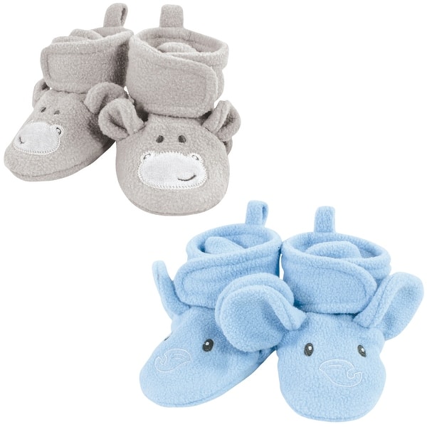 slide 1 of 1, Hudson Baby Infant Boy Animal Fleece Booties 2-Pack, Blue Elephant Hippo 12-18 Months - Blue Elephant Hippo