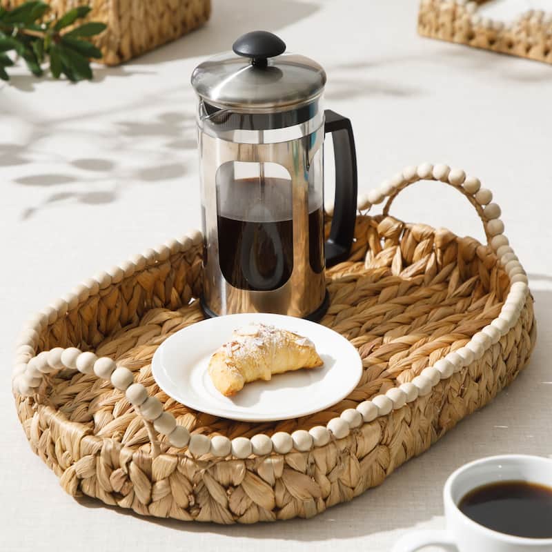 Gibson Home 17-Inch Woven Decorative Serving Tray - Large Natural Water Hyacinth Basket with Wood-Bead Trim and Handles