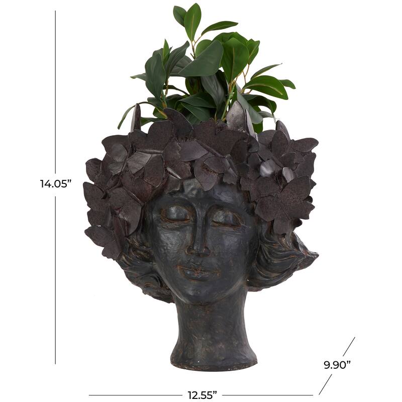 Bronze Resin Head Woman Indoor Outdoor Planter with Wide Opening and Butterfly Accents