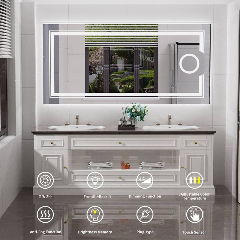 Extra Large LED Wall Mounted Bathroom Vanity Mirror Makeup Shaving with 3X Magnifier