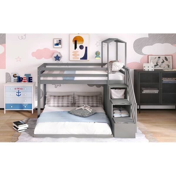Twin Over Full House Roof Bunk Bed With Staircase And Shelves On Sale