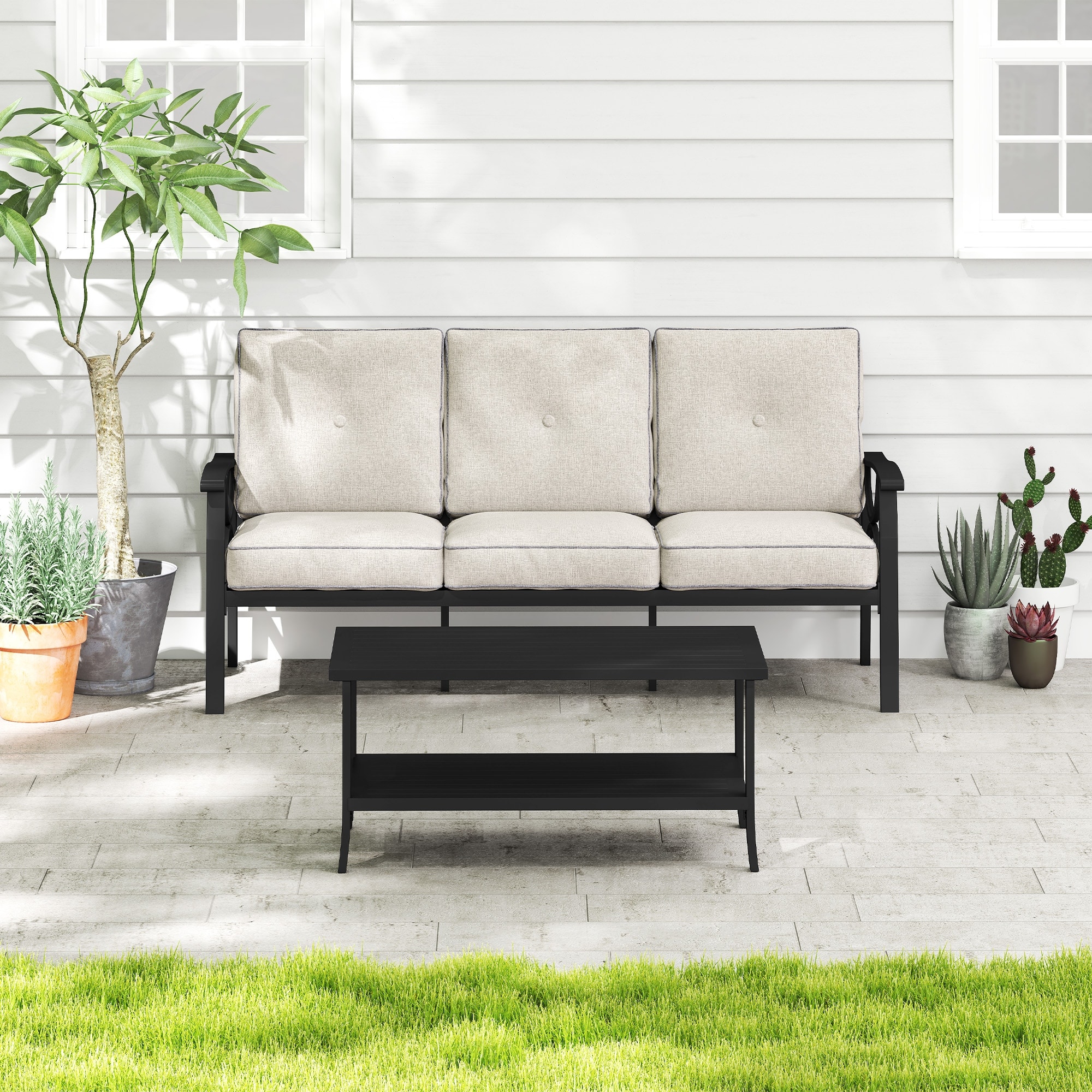 Modern Steel Outdoor Patio Conversation Set with 4-Inch Water-Repellent Cushions and Double-Tier Storage Table