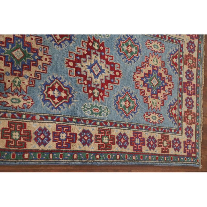 Hand Knotted Oriental 100% Wool Carpet Traditional Geometric Navy Blue & Blues Kazak Area Rug - 6' 4'' X 2' 9''