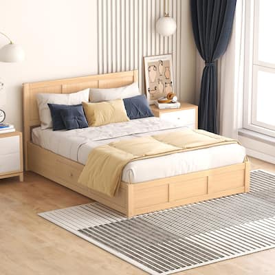 Full Size All-in-One Wood Platform Bed w/ Underneath Storage Upholstered Bed & 2 Drawers Space-Saving CreativeStorage Bed Frame