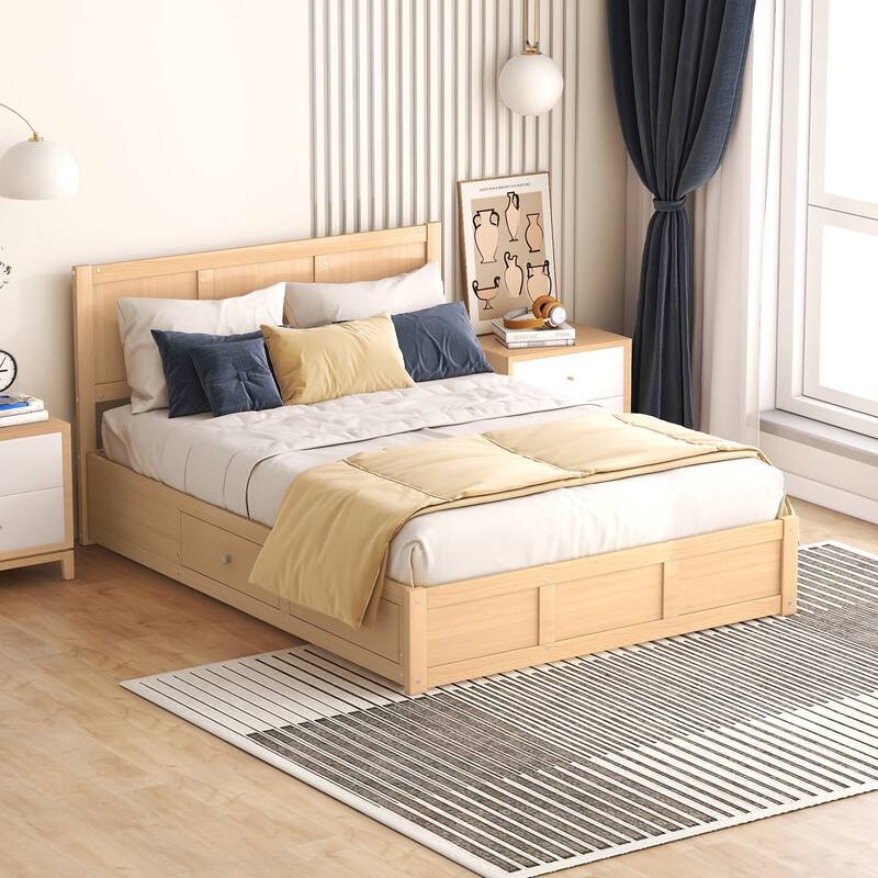 Queen/Full Wood Platform Bed Frame with Underneath Storage and Drawers, Pine Wood and MDF Construction, Easy Assembly
