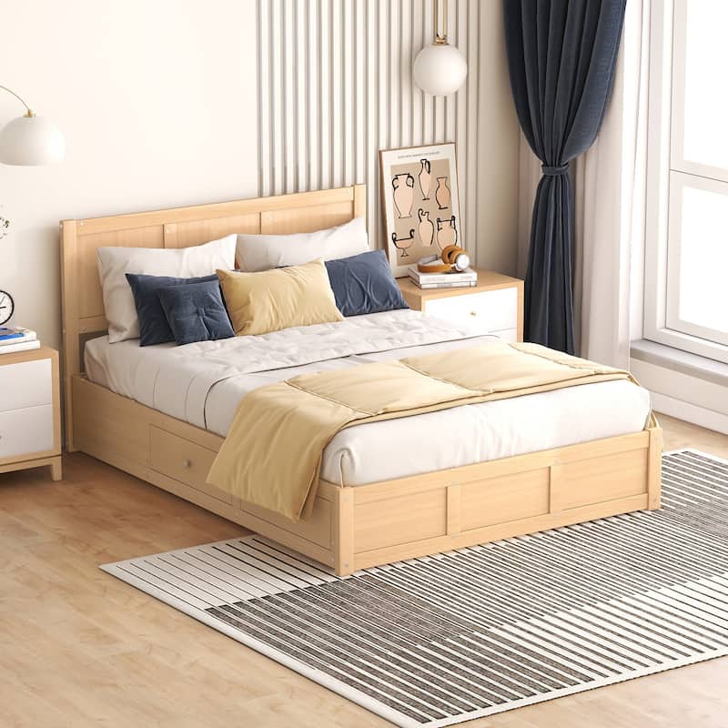 Wooden Hydraulic Storage Bed Frame, Solid Pinewood Storage Platform Bed with Underneath Storage and 2 Drawers, Wood Slat Support
