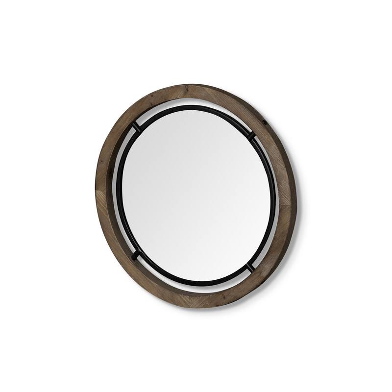 HomeRoots 19" Brown Round Wood Framed Accent Mirror