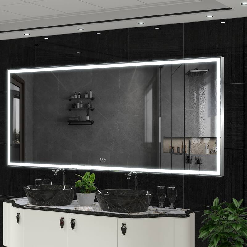 84 inches Rectangular Framed Dimmable Wall Mounted LED Bathroom Mirror in Silver