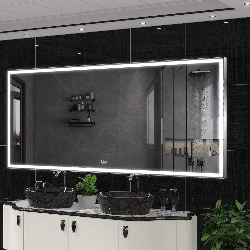 84 inches Rectangular Framed Dimmable Wall Mounted LED Bathroom Mirror in Silver