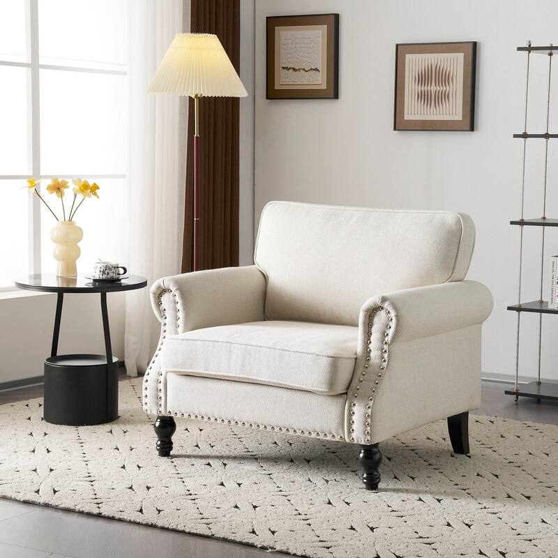 Stamped Fabric Back Chair, Single Upholstered Chair with Brass Nail Trim, Living Room Bedroom Club Cafe Back Armchair
