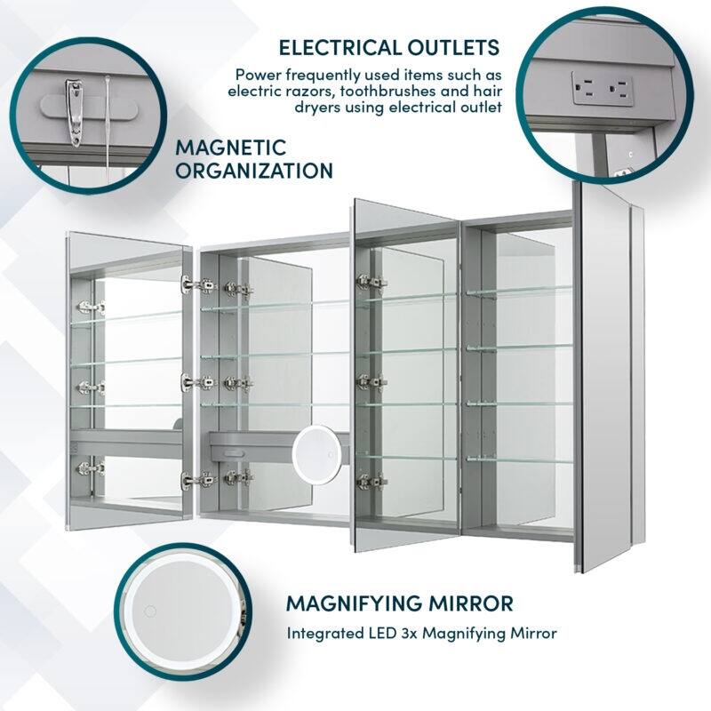 AQUADOM Royale 60W Medicine Cabinet Defogger, 3X LED Lighted Vertically Adjustable Magnifying Mirror, Electrical Outlets.
