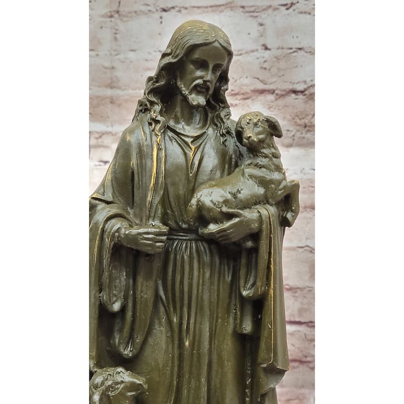 Jesus As Shepherd With Lambs Bronze Sculpture - Religious Christian Art