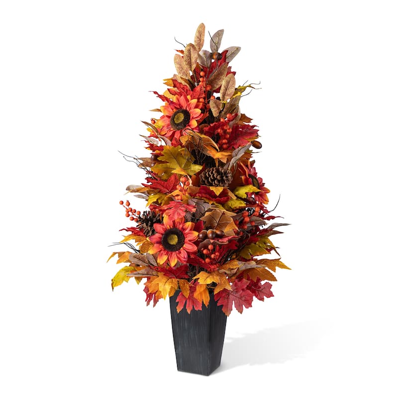 Glitzhome 3FT Fall Pumpkin Sunflower Pinecones Floral Porch Potted Tree