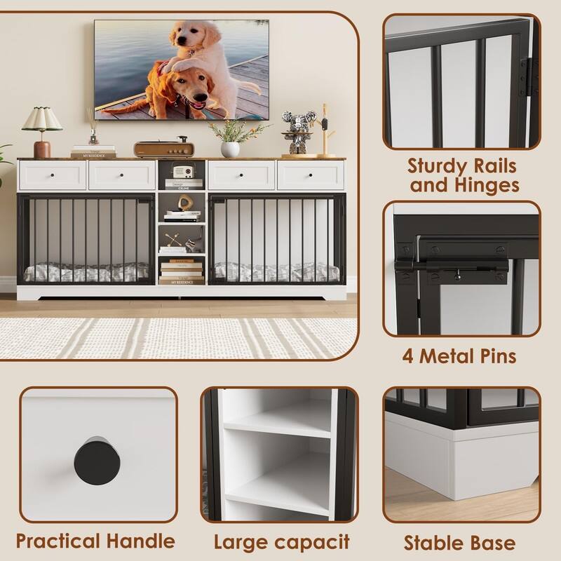 Wooden Dog Cage Crate Furniture TV Stand Large Dog Kennel with 4 Drawers and Shelves for 2 dogs