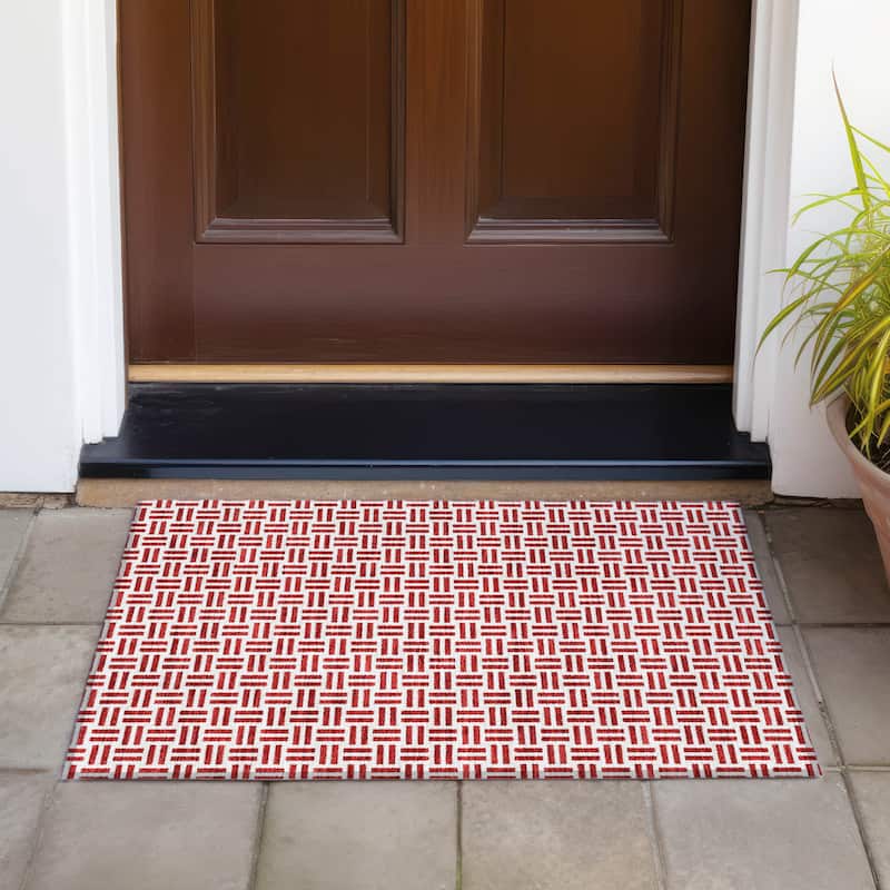 Machine Washable Indoor/ Outdoor Contemporary Basketweave Chantille Rug - Red - 1'8" x 2'6"