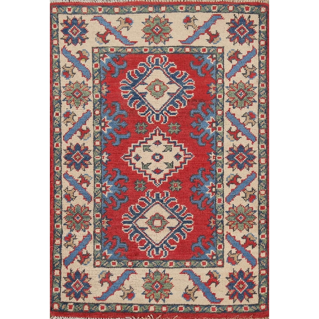 Geometric Red Kazak Oriental Accent Rug Handmade Wool Carpet - 2'1"x 2'10"