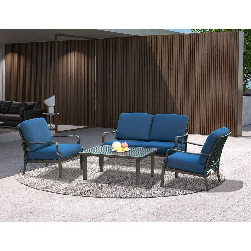 Domi 4-Piece Patio Conversation Set with Cushions, All-Weather Steel Frame Outdoor Furniture - Navy Blue