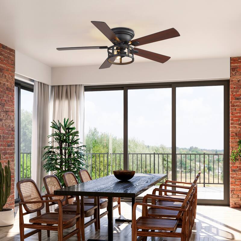 52-inch Flush Mount Caged Ceiling Fan with Light and Remote(5 Reversible Blades)