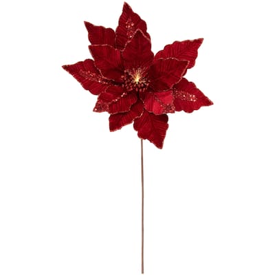 20" Lighted Red Glittered Velvet Christmas Poinsettia Floral Pick - 20