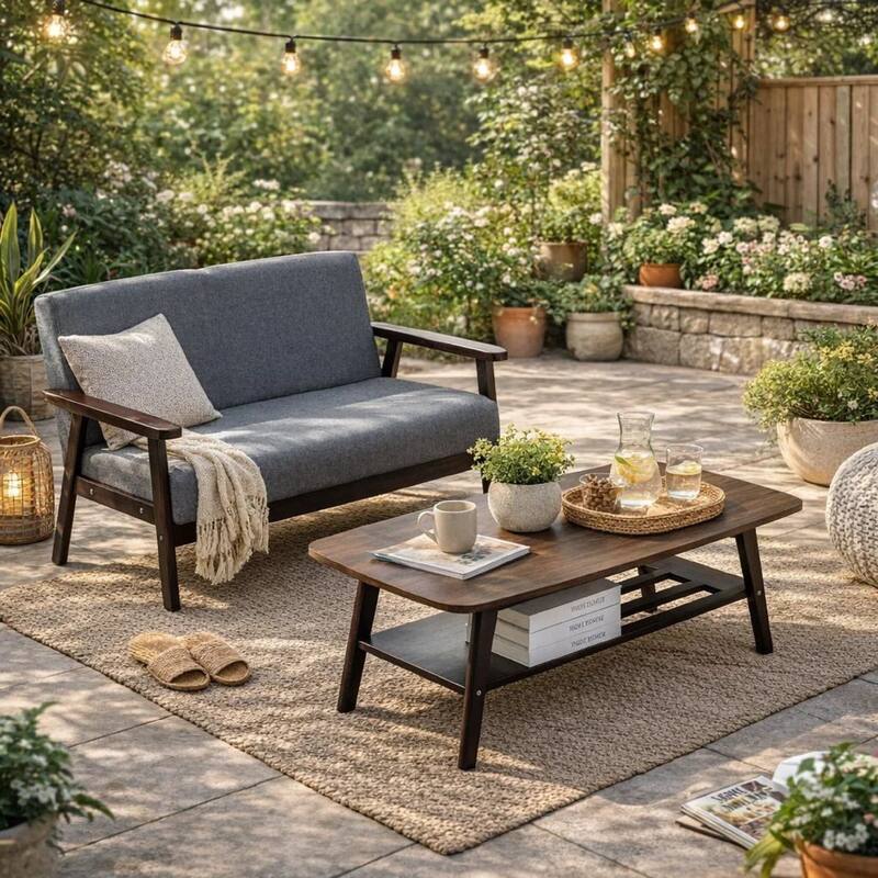 Gala 45, 47 Inch Modern Loveseat and Coffee Table Set, Dark Gray, Brown