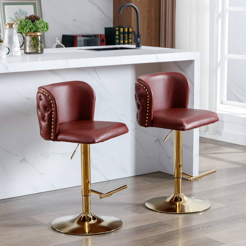 Set of 2 Adjusatble Swivel Bar Stools with PU Leather Tufted Back