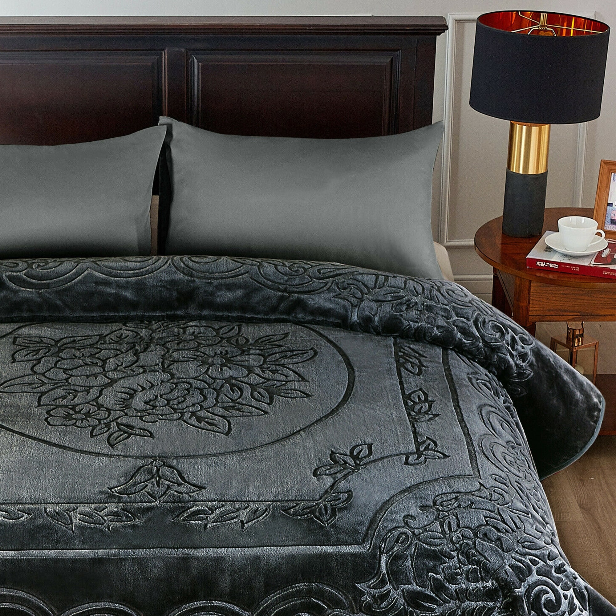 Heavy Mink Plush Blanket Embossed Pattern Dark Grey