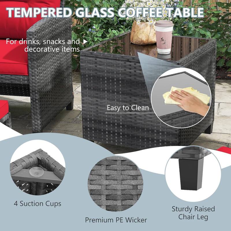 Gymax 5PCS Outdoor Rattan Furniture w/ 2 Ottomans & Tempered Glass