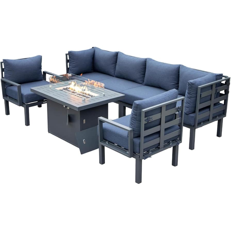 Chelsea Luxury 7-Piece Outdoor Sectional & Firepit Lounge - All-Weather Black Aluminum Frame with Premium UV-Resistant Cushions