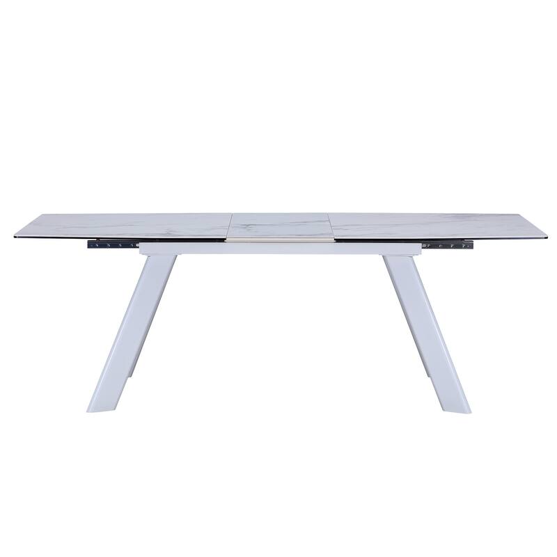 HomeRoots 71" Gray and White Ceramic and Metal Self-Storing Leaf Extendable Dining Table - 71.00 in. x 29.50 in. x 35.50 in.