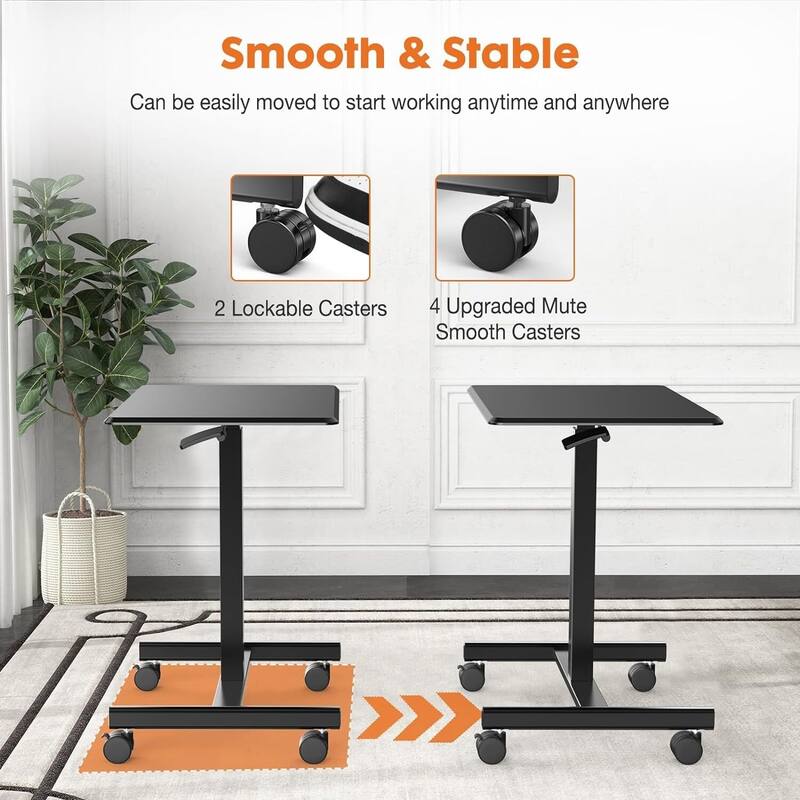 42.5" H Tall Small Standing Desk Mobile Portable Rolling Laptop PC Table Adjustable Height w/ Wheels