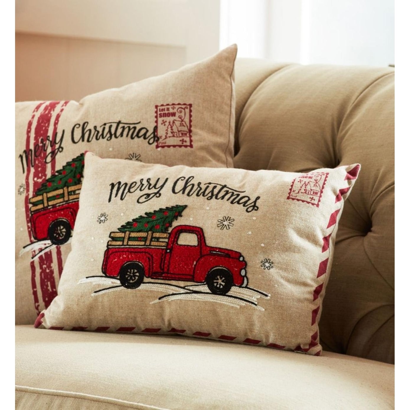 Pack of 2 Antique Red Truck With Christmas Tree Throw Pillows