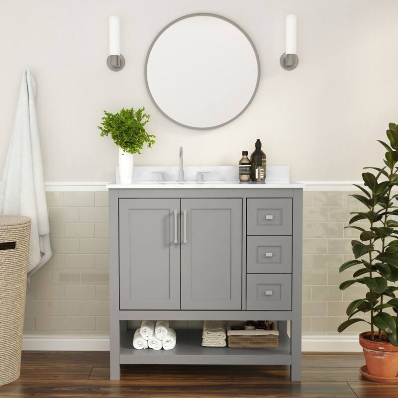 Bathroom Vanity with Sink, Open Storage, and Storage Drawers - 36 Inch - Gray Frame/Nickel Hardware