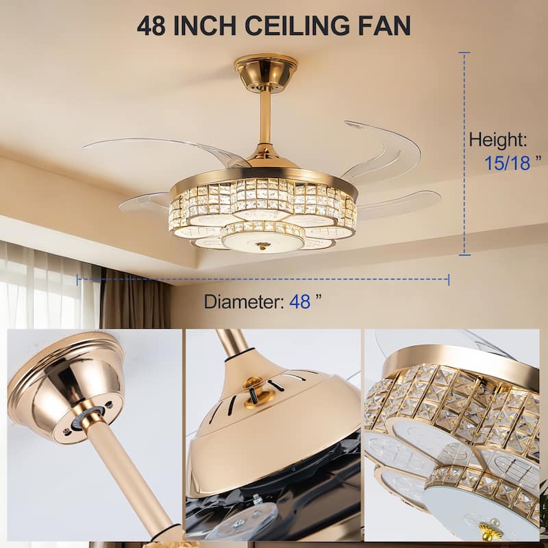 48" Crystal Chandelier Ceiling Fan with Light and Retractable Blades LED Dimmable DC Motor for Bedroom Living Room Kid's Room